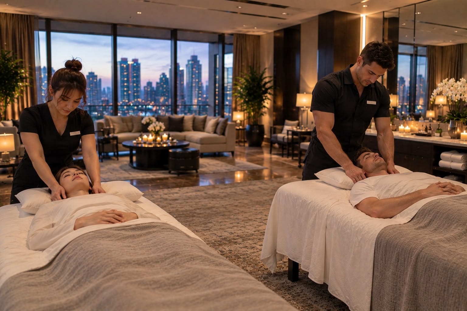 Side-by-side couples massage in a hotel suite