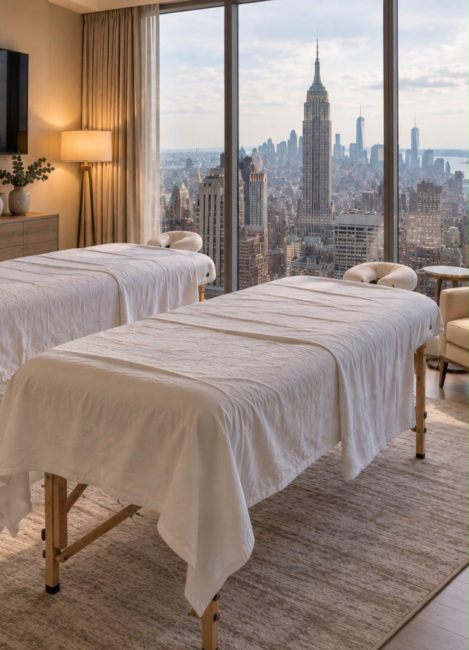 A private hotel room prepared for massage with New York views