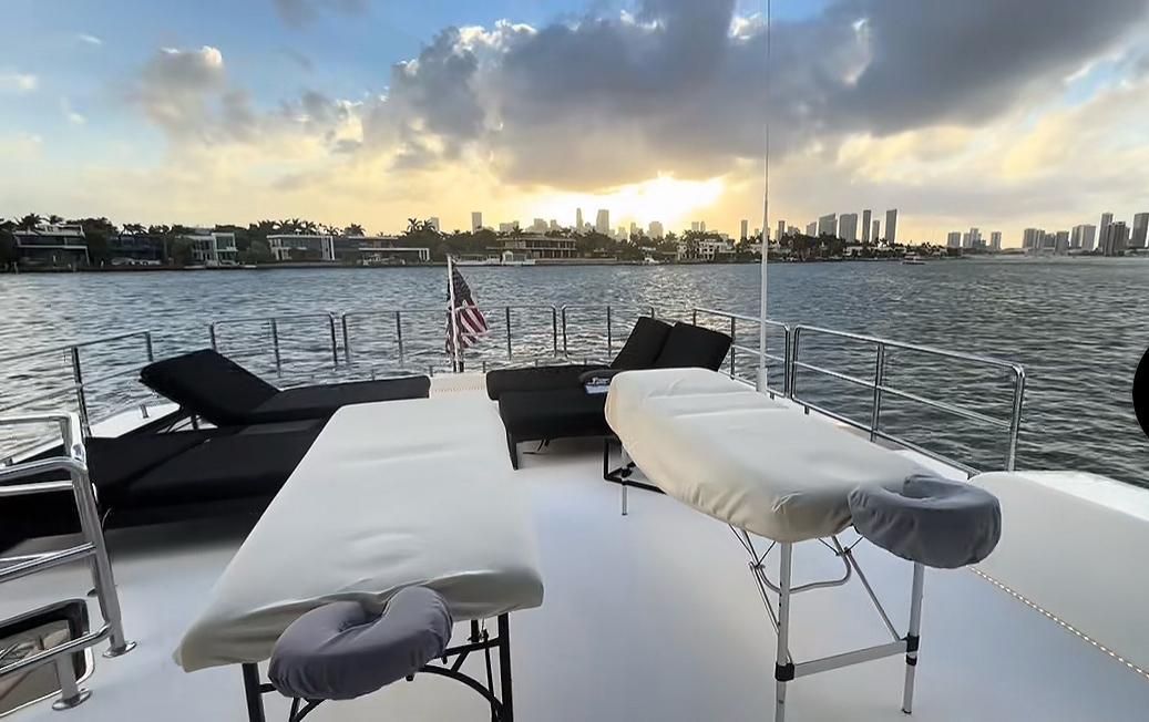 Massage tables on a yacht overlooking the waterfront